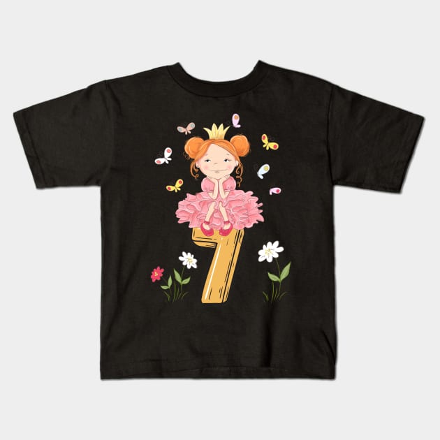 7th Birthday Princess  Butterflies Flowers Kids T-Shirt by KrasiStaleva